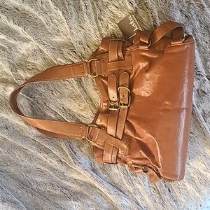 👜NWT KOOBA LENA Large Leather Cognac Buckle Bag with microsuede interior- MINT!